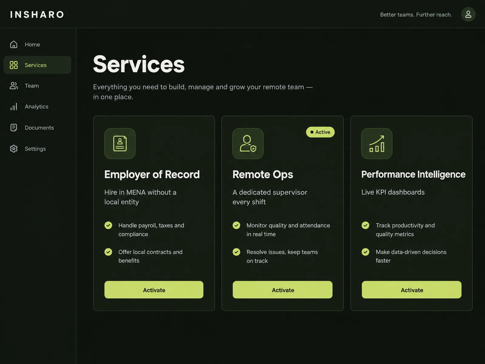 The services page of the INSHARO portal: Employer of Record, Remote Ops and Performance Intelligence